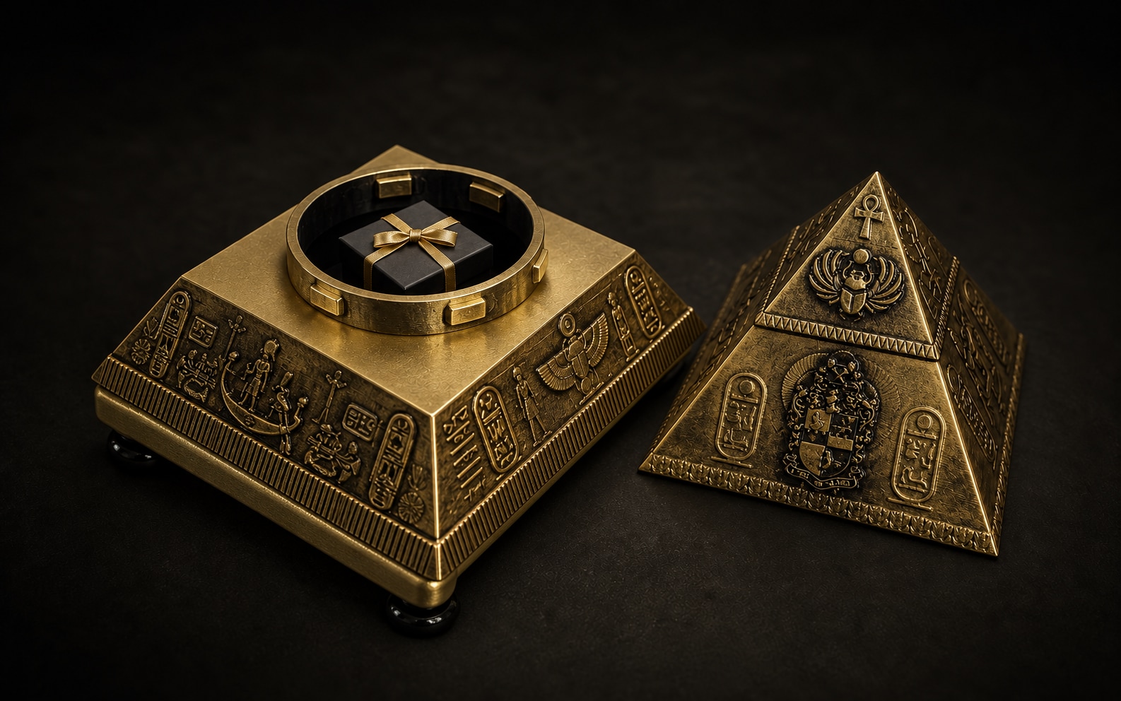 The Alpha Pyramid open in two parts with a gift inside its storage chamber