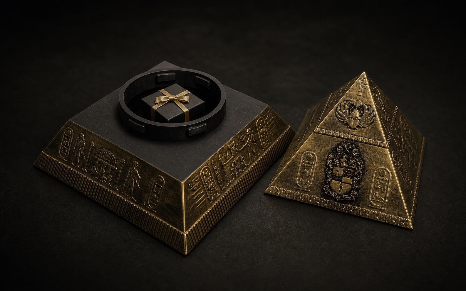 The Alpha Pyramid open in two parts with a gift inside its storage chamber
