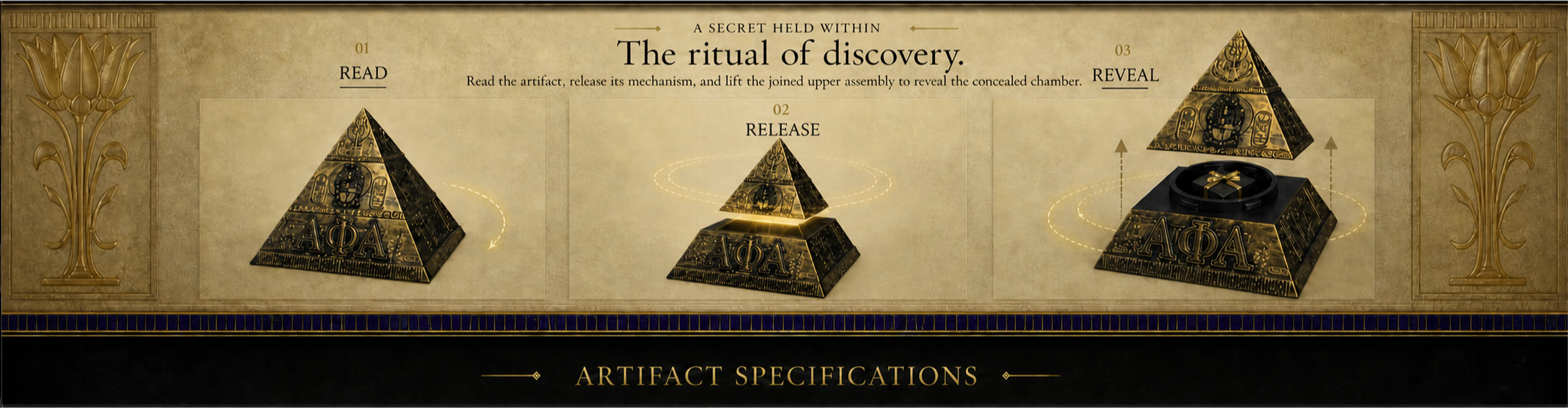 A secret held within. The ritual of discovery. Read the artifact, release its mechanism, and lift the joined upper assembly to reveal the concealed chamber.